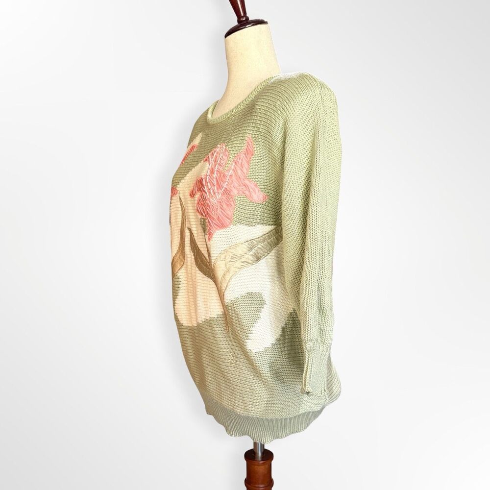 Adolfo Collectible, Vintage Pink Tiger Lily Sage Green Knit Spring Sweater, S - Picture 3 of 7